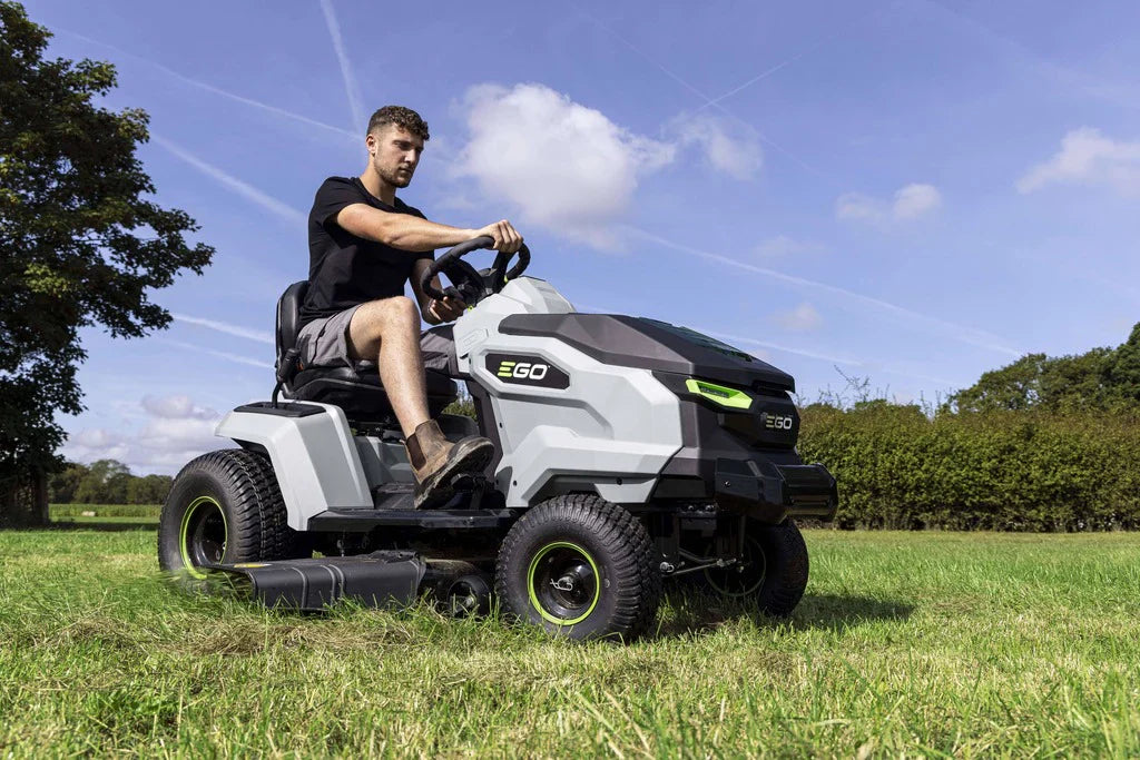 Battery powered ride on lawnmower